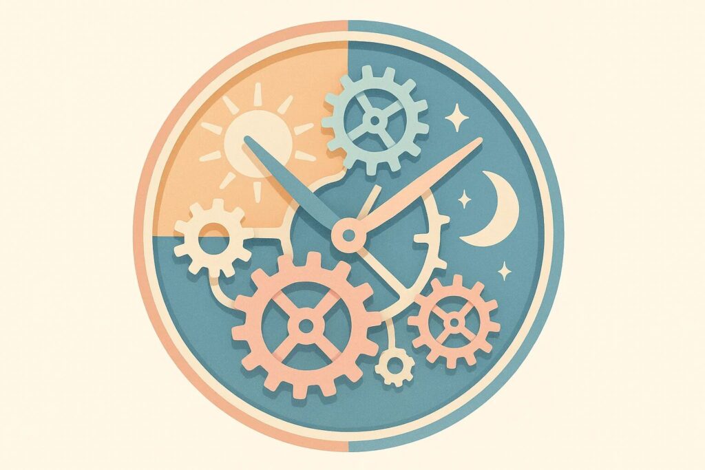 Um relógio biológico estilizado, com engrenagens internas visíveis e elementos que representam o dia e a noite. As engrenagens devem ser interconectadas, simbolizando o fluxo contínuo do tempo. Cores suaves e tons pastéis, em um estilo conceitual e moderno.