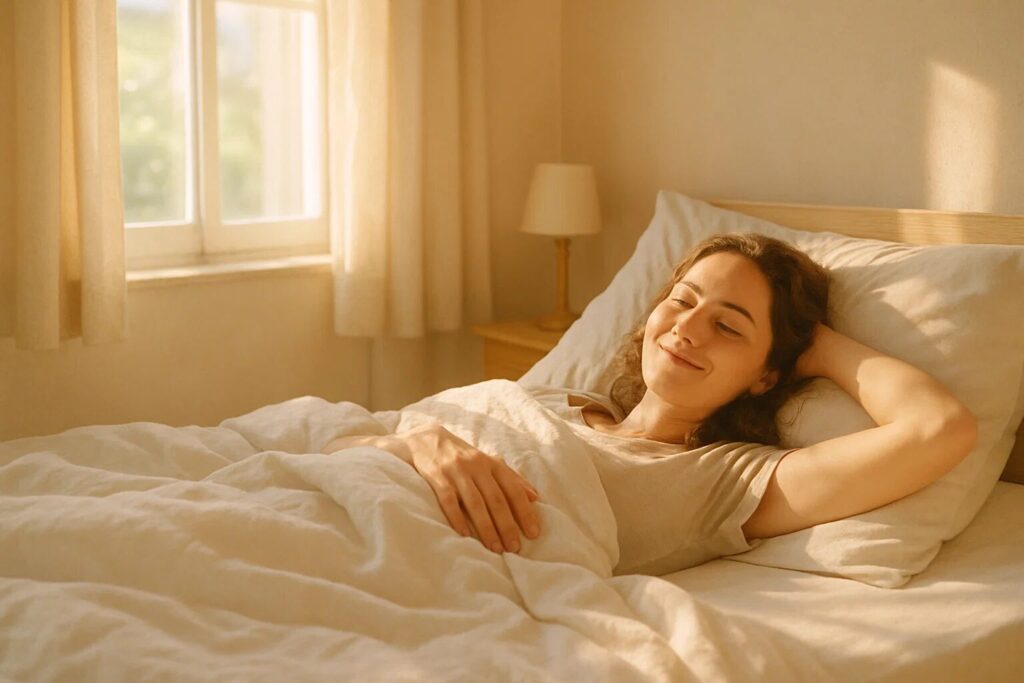 Uma pessoa deitada em uma cama, recém-acordada, com um sorriso suave no rosto. A luz do sol da manhã entra suavemente por uma janela, iluminando o quarto e transmitindo uma sensação de paz, bem-estar e revigoramento. Cores claras e quentes, atmosfera acolhedora.