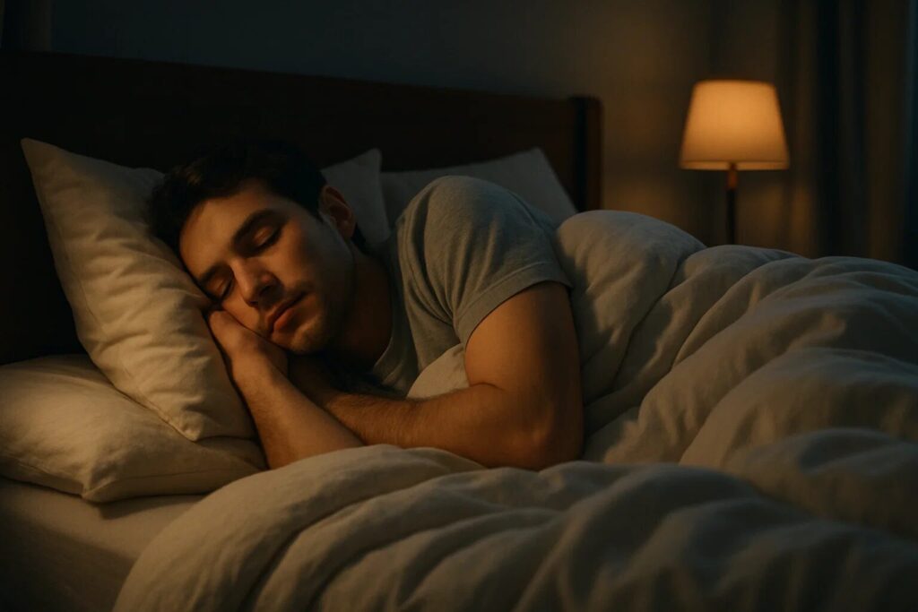 Uma pessoa dormindo profundamente em uma cama aconchegante, coberta por lençóis macios e um edredom. O ambiente do quarto é escuro, mas com uma suave luz ambiente que realça a serenidade do sono. Transmitir conforto e tranquilidade.