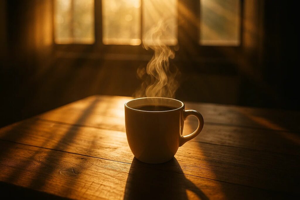 Uma xícara de café fumegante colocada sobre uma mesa de madeira, com o sol da manhã entrando dramaticamente pela janela ao fundo, criando raios de luz e sombras. A atmosfera é calma, inspirando um novo começo e um despertar tranquilo.