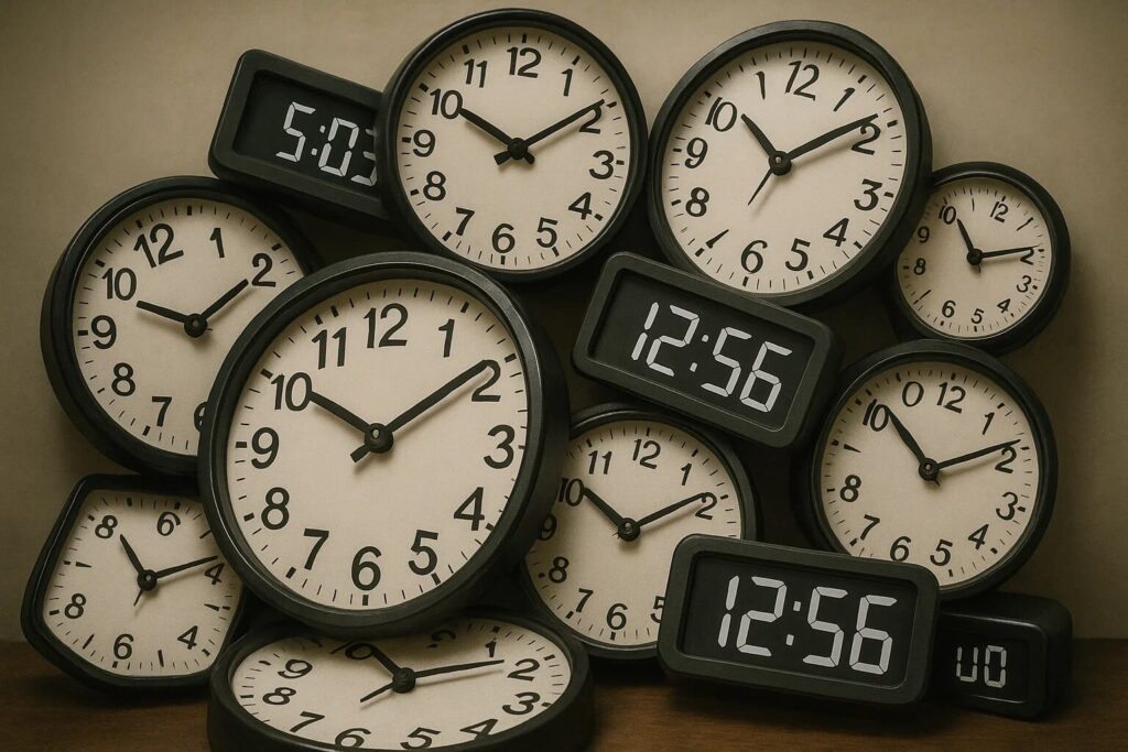 Um arranjo de vários relógios, tanto analógicos quanto digitais, alguns mostrando horários díspares e em posições levemente distorcidas. O cenário deve sugerir desorganização e uma desconexão com o fluxo natural do tempo, simbolizando a vida moderna e seus desafios ao ciclo circadiano.