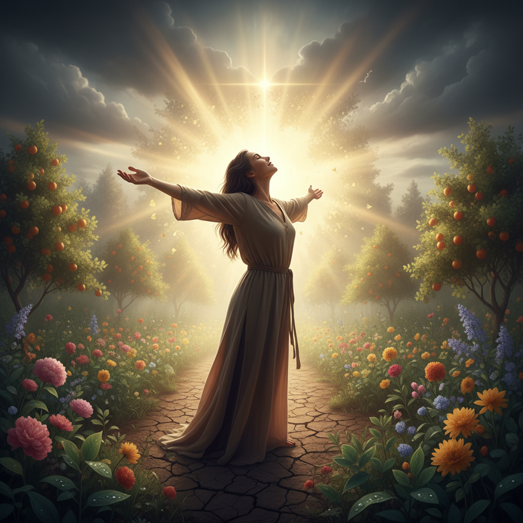 Mulher expressando profunda gratidão a Deus com as mãos erguidas em oração e reverência.