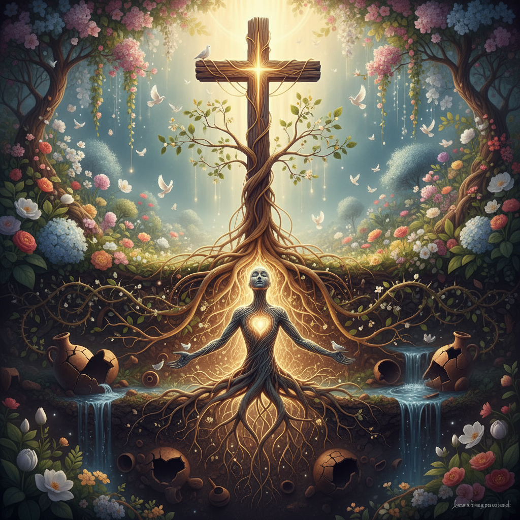 Ilustração abstrata de raízes de alma florescendo com luz divina