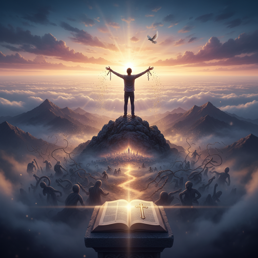 Mulher buscando libertação espiritual em Cristo, simbolizando o fim de correntes através da fé cristã e do poder de Deus