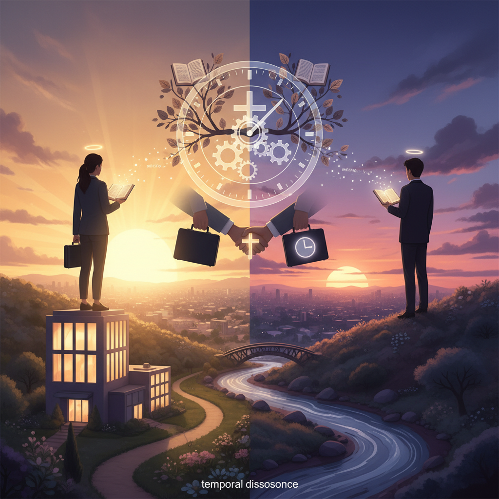 Ilustração de uma pessoa equilibrando livros sobre fé e trabalho, representando a harmonização da rotina secular e espiritual